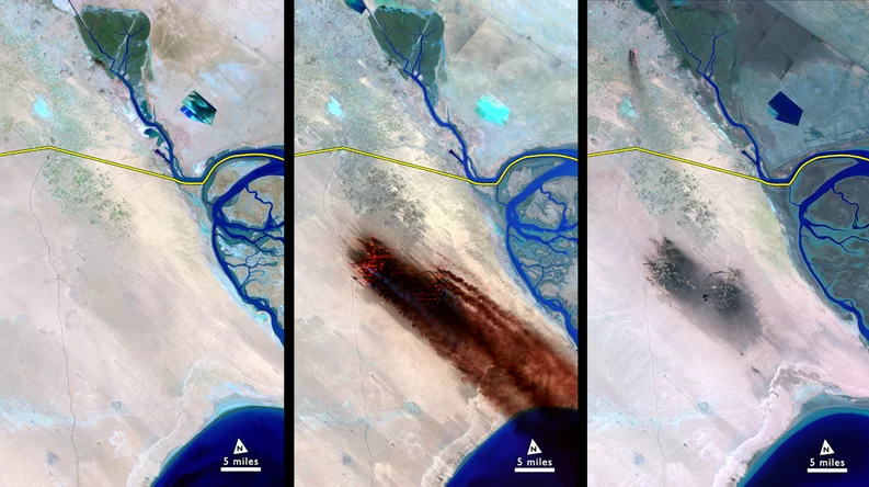 As Iraqi troops withdrew from Kuwait at the end of the first Gulf War, they set first to over 650 oil wells. Landsat caught the largest oil spill in human history. NASA